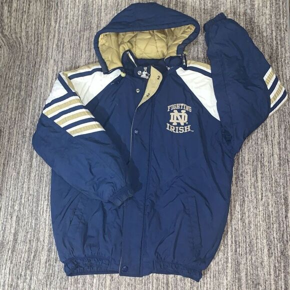 Vtg Notre Dame‎ Mens XL Fighting Irish Starter Jacket Coat Detachable Hood Blue - Picture 1 of 13